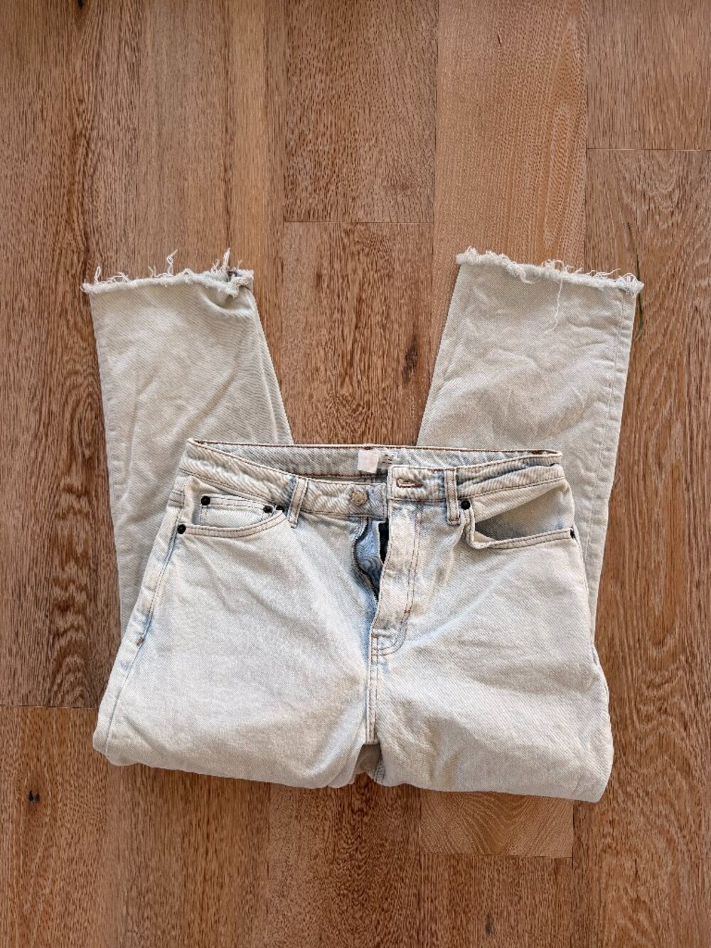Topshop straight leg jeans in bleach wash with frayed hems